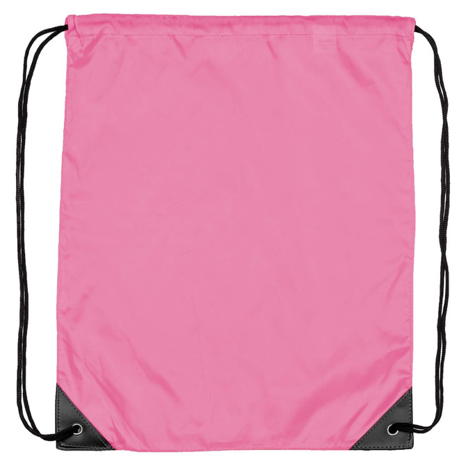 A pink nylon backsack with black corners and drawstring closures. It features a logo in the design.