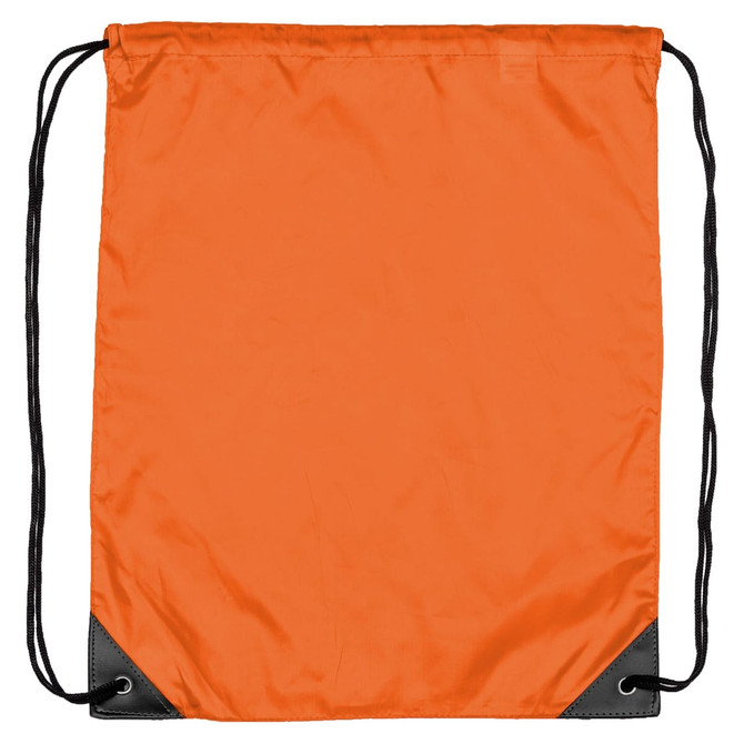 An orange nylon backsack with black corners and drawstring closure. Features a logo.