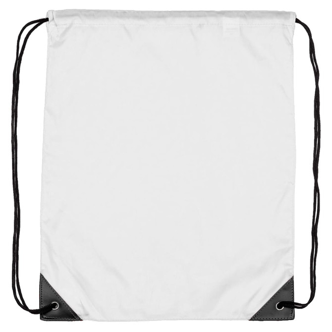 A white nylon drawstring backsack with black leather corners and black drawstrings.