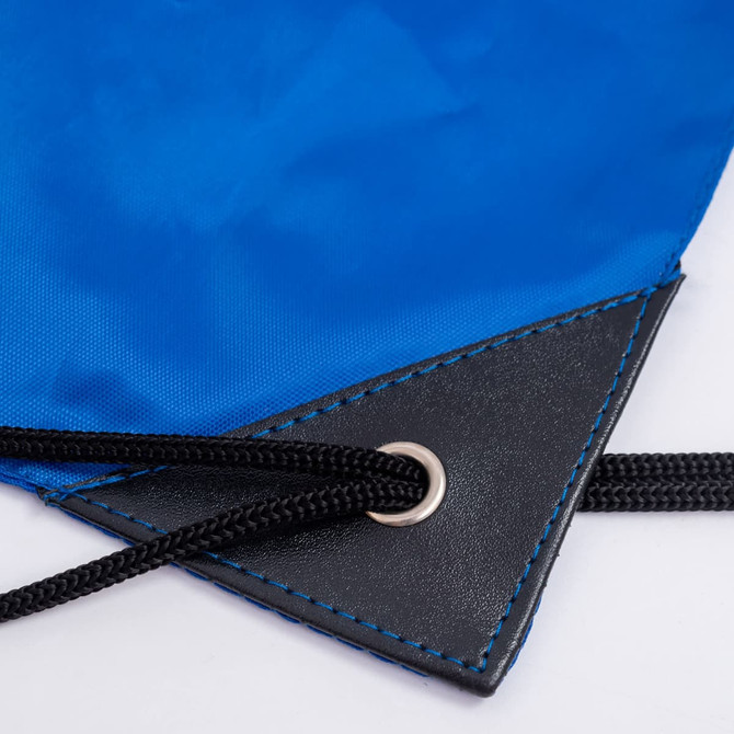A blue nylon backsack featuring a black reinforced corner and black drawstrings. It includes a logo.