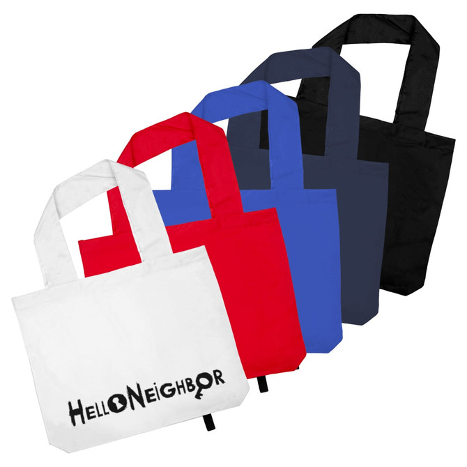 A variety of tote bags in white, red, blue, black, and navy, featuring a logo on the front of the white bag.