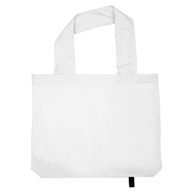 A white tote bag with two handles and a small black detail at the bottom. It has a simple design and includes a logo.