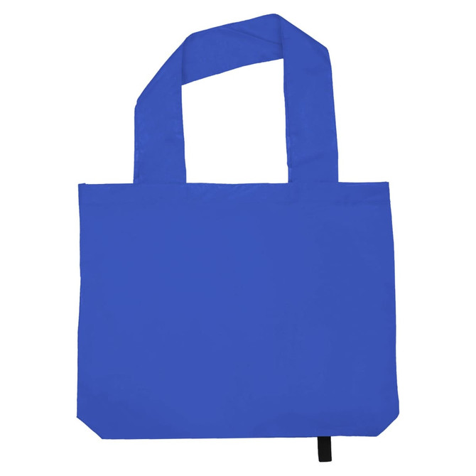 A blue tote bag with two handles and a simple design, featuring a logo.