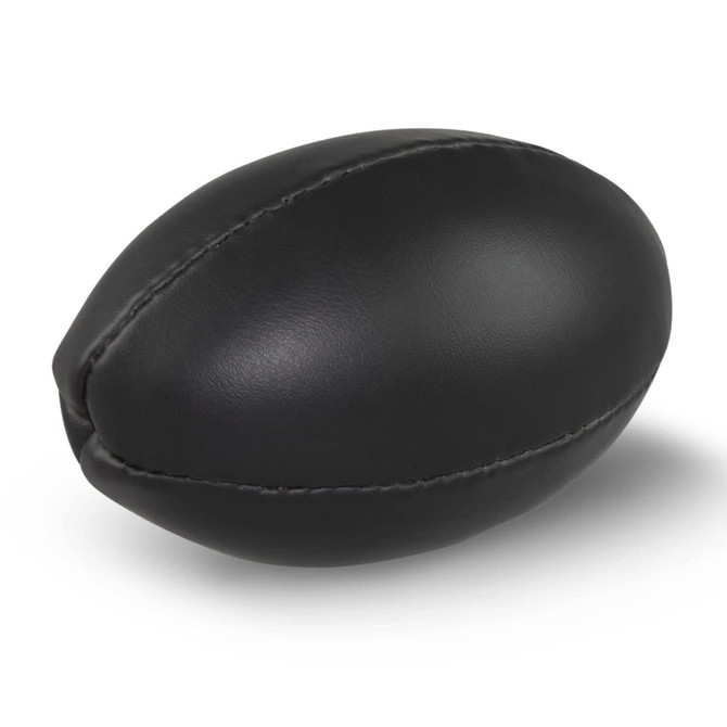 A black mini rugby ball featuring a smooth leather texture and stitched detailing.