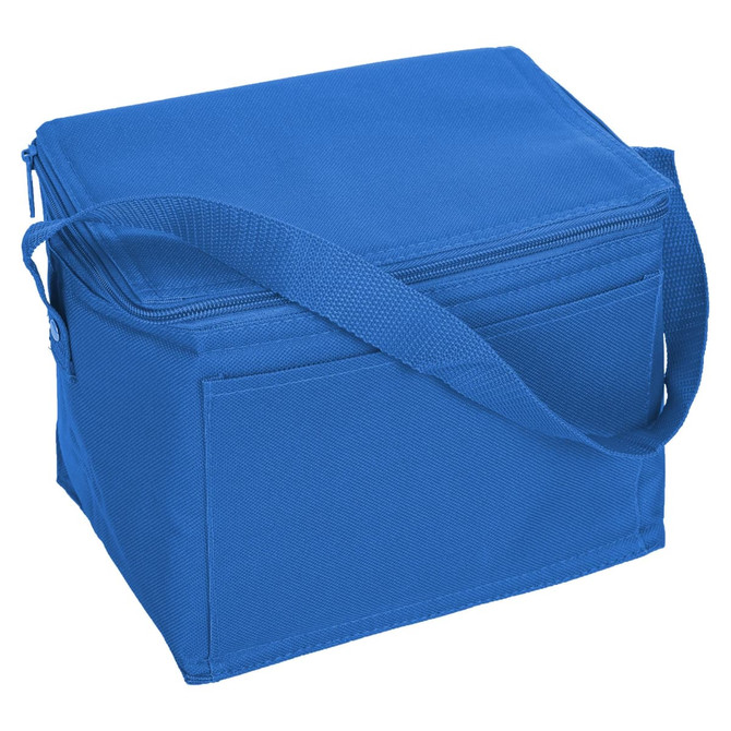 A blue nylon cooler bag with a zip closure and a shoulder strap, featuring a front pocket and a branding logo.