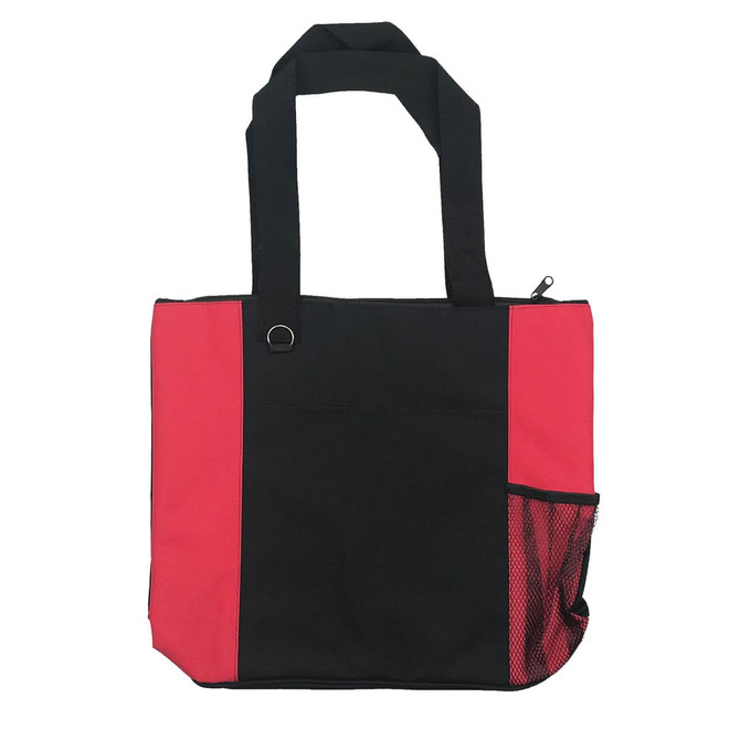 A nylon tote bag featuring a black and red design with a mesh side pocket and a logo.
