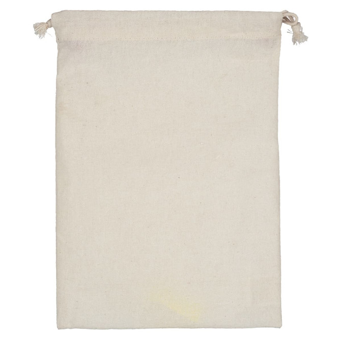 A beige nylon mesh produce bag with a drawstring closure, featuring a simple design and no visible branding.