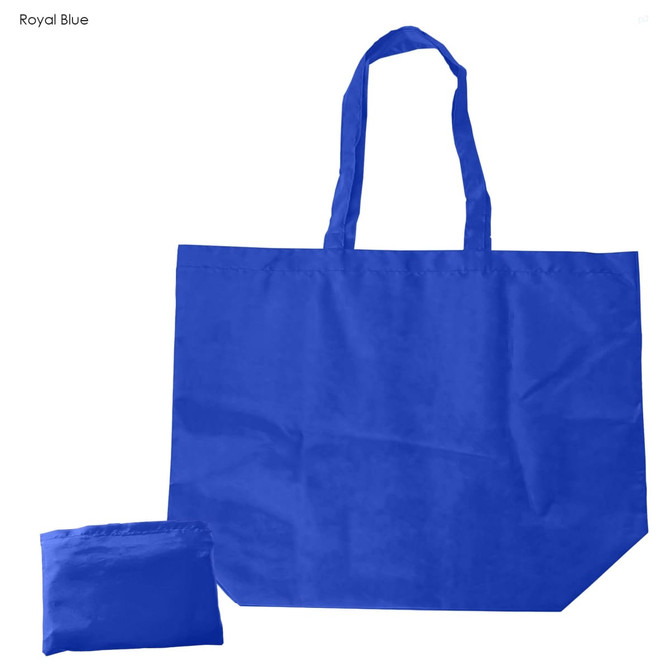 A royal blue reusable shopping bag next to a folded version of itself, featuring short handles and a simple design.