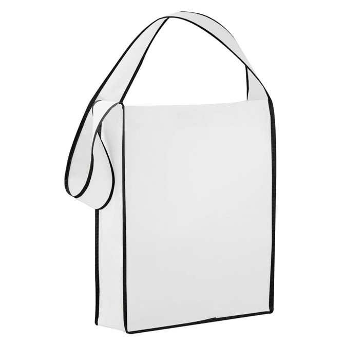 A white non-woven sling bag with black trim and a shoulder strap, featuring a simple design and a logo.