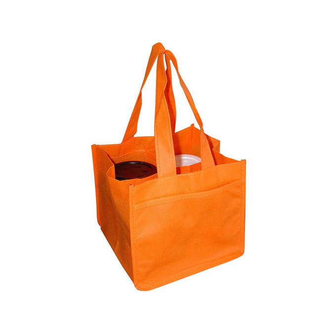 An orange non-woven bag designed to hold four coffee cups, featuring sturdy handles and an interior divider.