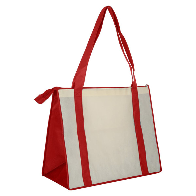 A large red and cream non-woven zipped shopping bag with long handles and a logo.