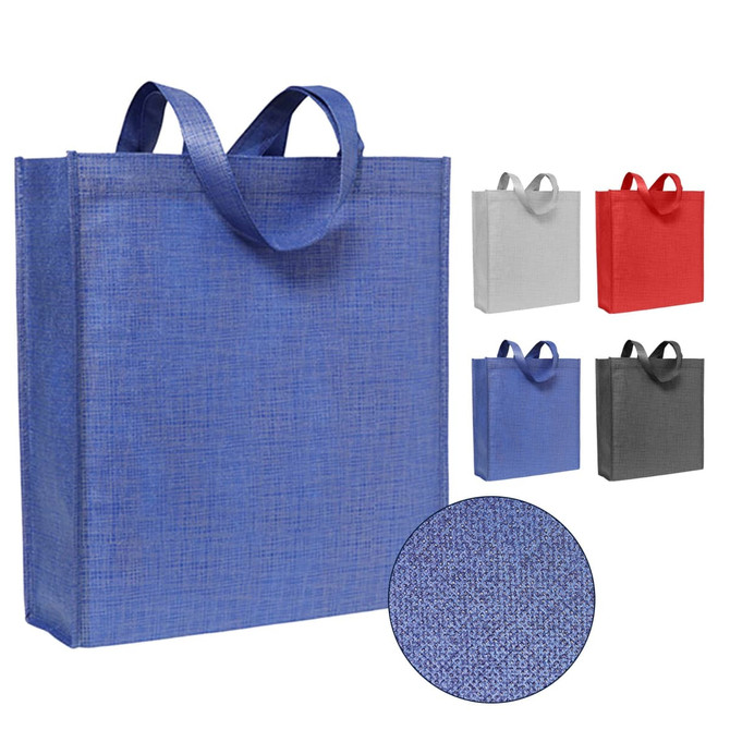 A blue tote bag made from patterned non-woven material, with grey, red, and black options displayed. Features handles and a logo.