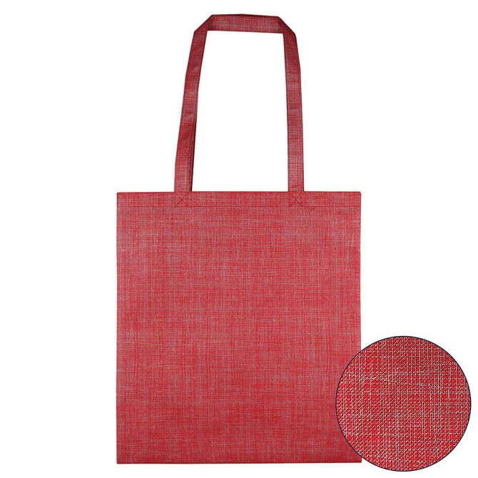 A red non-woven bag with two handles, featuring a patterned texture. It includes a close-up of the pattern.
