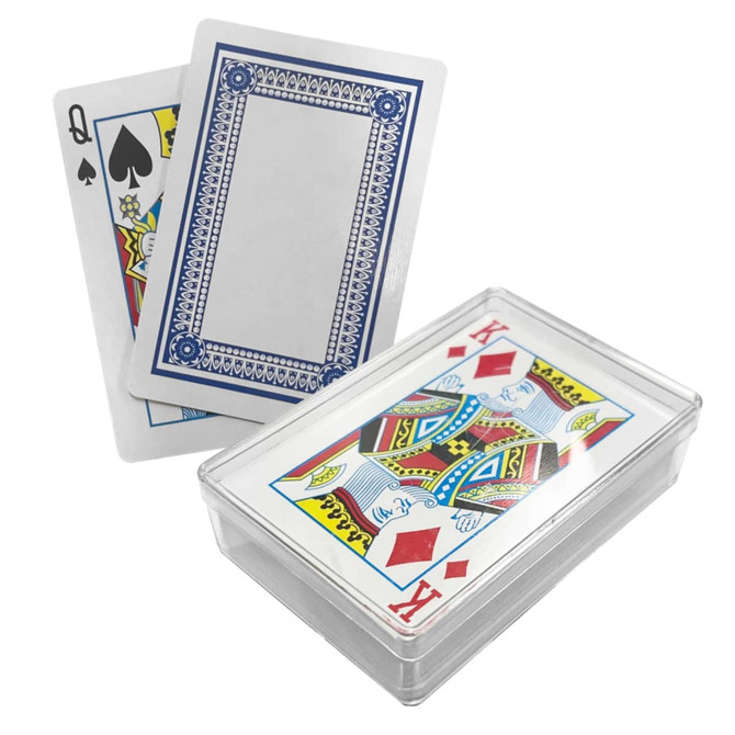 A set of playing cards in a clear box, featuring a King of Diamonds and a Queen of Spades design.