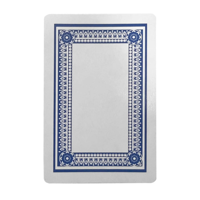 A blue and white playing card featuring an ornate border design, presented in a box.