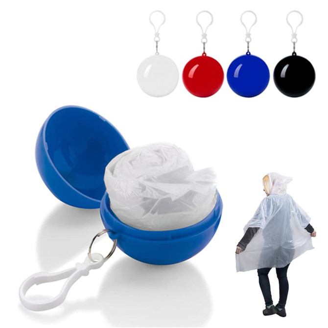 A blue wind poncho in a rounded storage case, featuring a clip. Available in white, red, black, and blue.