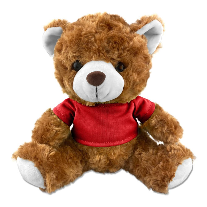 A brown teddy bear plush with a red shirt and black eyes, featuring a cute expression and soft fur.
