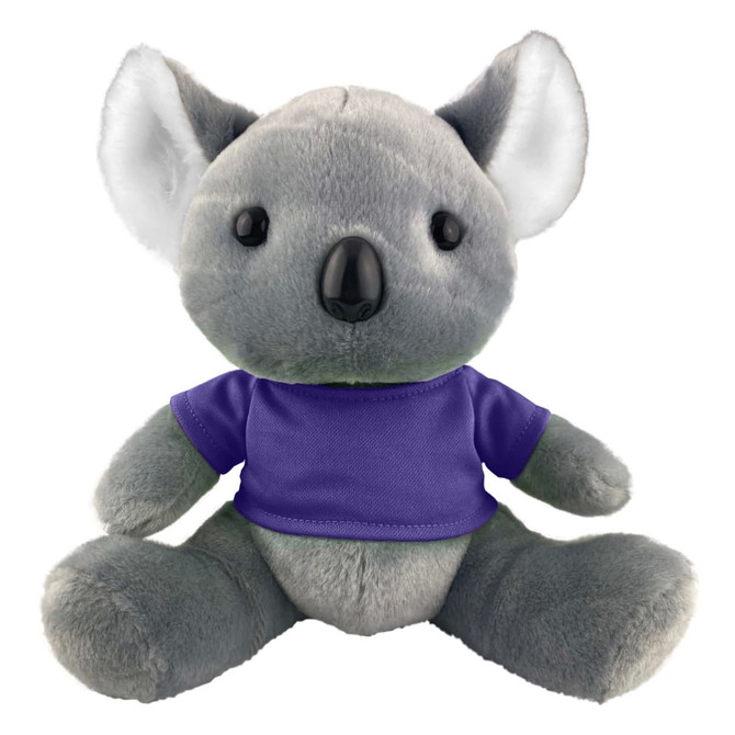 A plush koala toy with grey fur wearing a purple shirt, featuring large ears and a cute black nose.