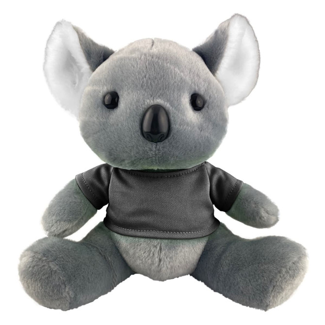 A grey koala plush toy wearing a black shirt, featuring large ears and a friendly face, with a logo on the shirt.