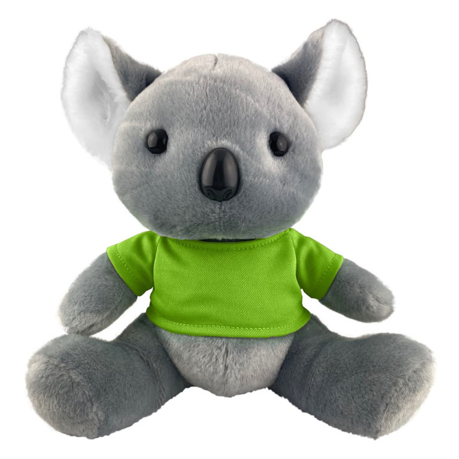 A grey koala plush toy wearing a bright green shirt, with large ears and a cute expression. It has branding on the shirt.