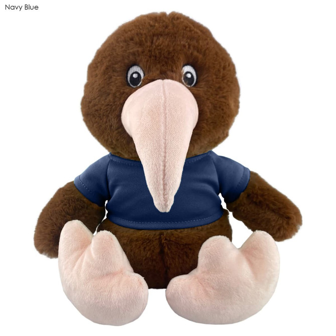 A brown kiwi plush toy wearing a navy blue t-shirt, sitting upright with large pink feet.