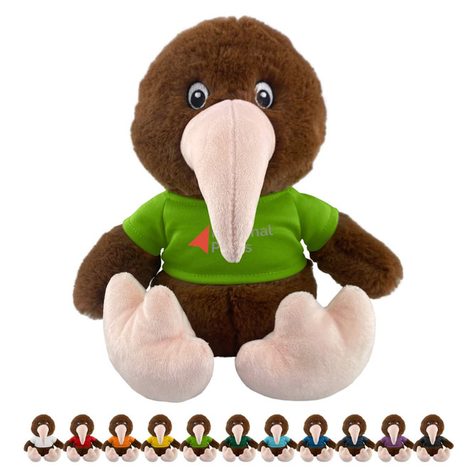 A brown plush kiwi toy with a beige beak, wearing a green shirt and featuring various colour options lined up below.