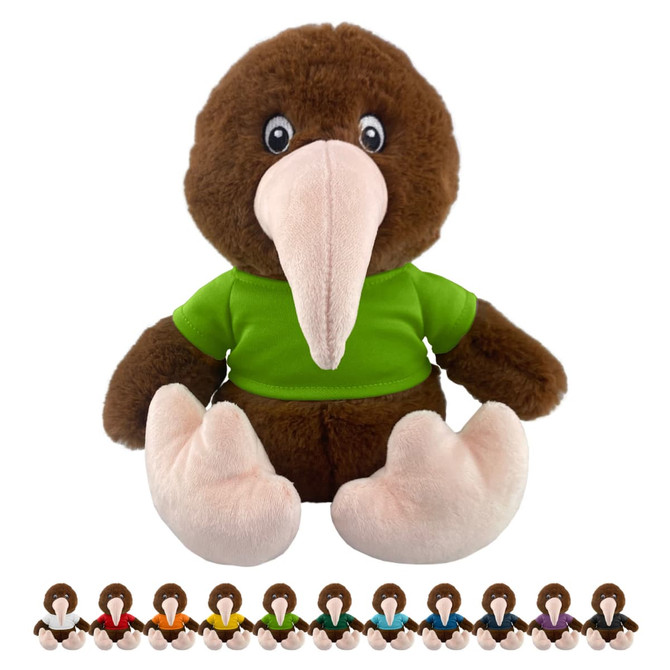 A brown plush kiwi toy wearing a green shirt, with smaller versions in various colours lined up below.