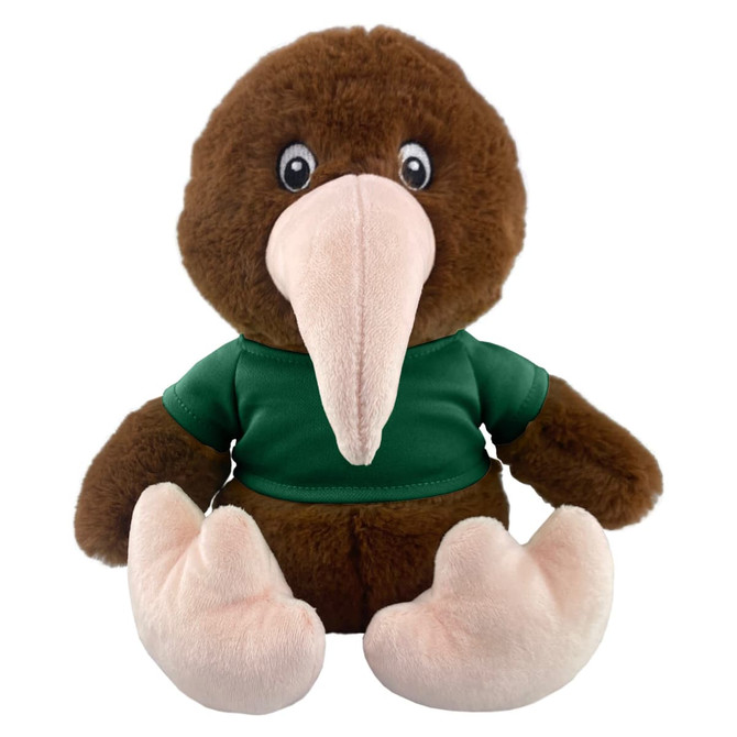 A plush kiwi toy with brown fur, a pink beak, and wearing a green shirt, featuring a logo on the shirt.