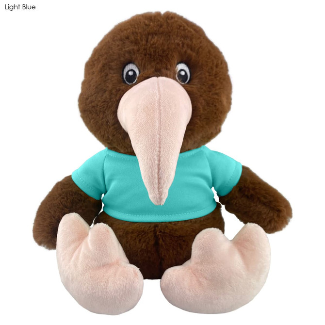 A brown plush kiwi toy wearing a light blue t-shirt, featuring large eyes and soft, rounded feet.