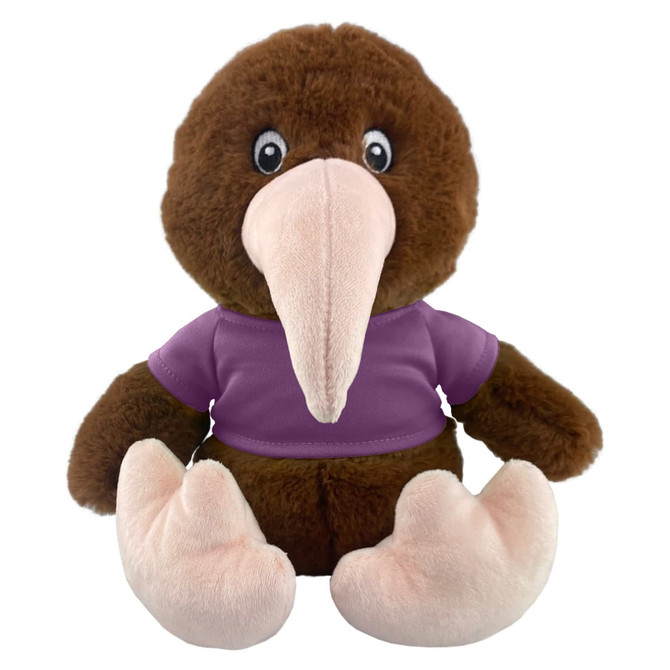 A brown kiwi plush toy with a light pink beak and feet, wearing a purple shirt. It has large, expressive eyes.