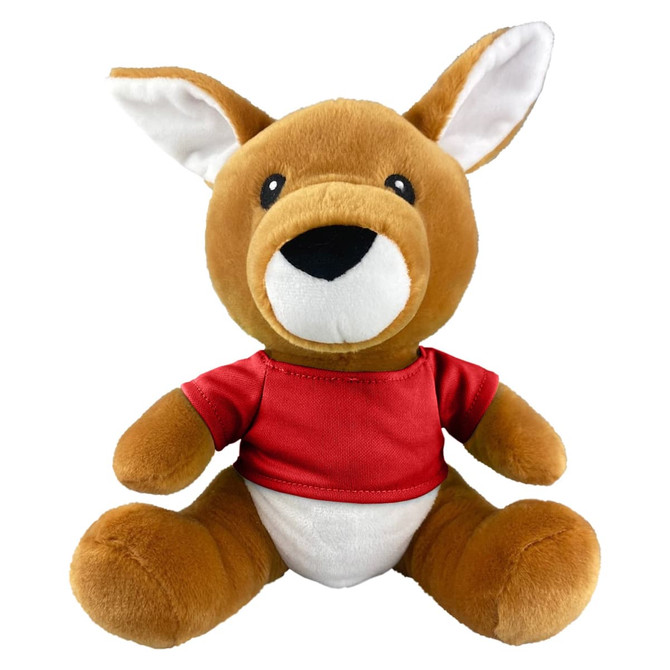 A soft, brown kangaroo plush toy wearing a red shirt, featuring white ears and a friendly expression.