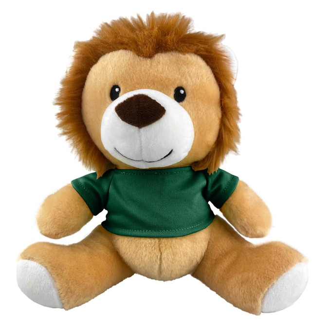 A plush lion toy with a brown mane, beige body, and a green shirt, featuring a friendly smiling face.