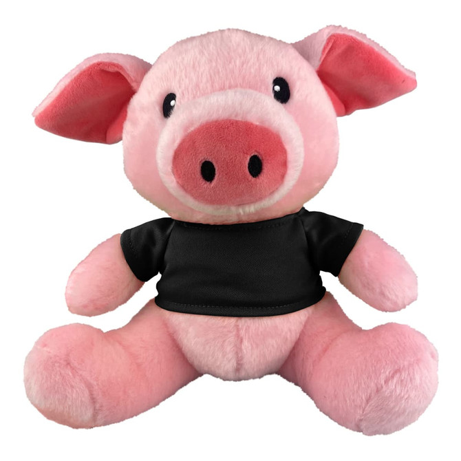 A pink pig plush toy with a black shirt and a friendly expression. It has large eyes and soft features.