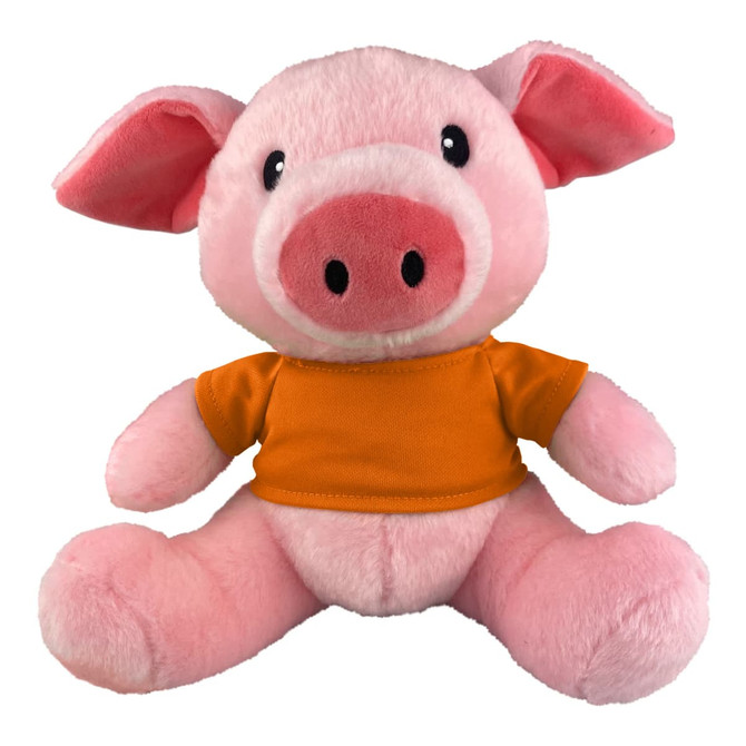 A pink plush pig toy with large ears, a smiling face, and wearing an orange shirt. It has a branding logo.