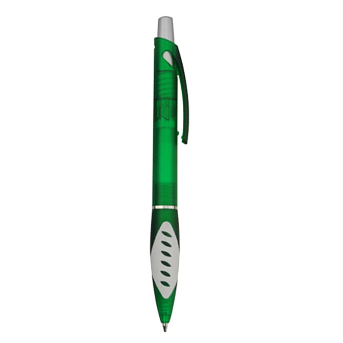 A green plastic pen with a white grip and a clip. The pen features a branding logo.