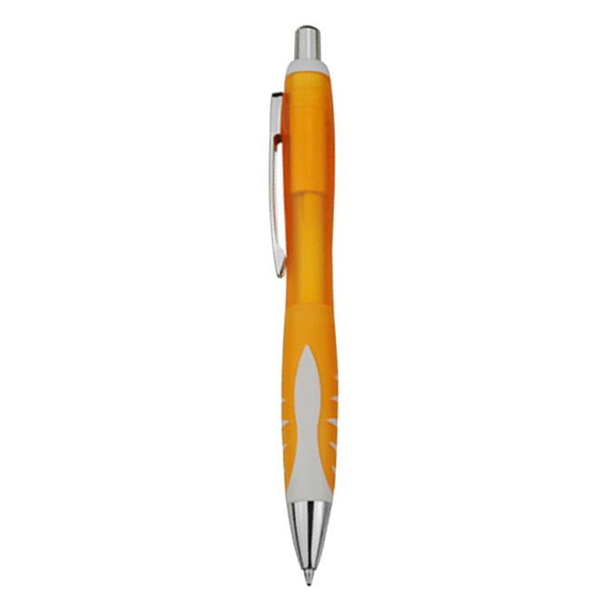 An orange plastic pen with a white grip and silver clip, featuring a rounded design and a metal tip.