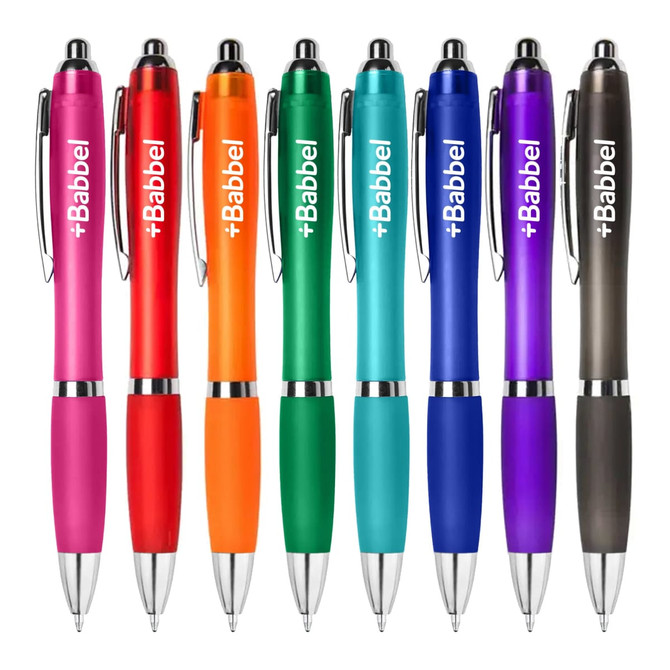 A collection of eight plastic pens in vibrant colours: pink, orange, green, blue, purple, and black, each with a logo.