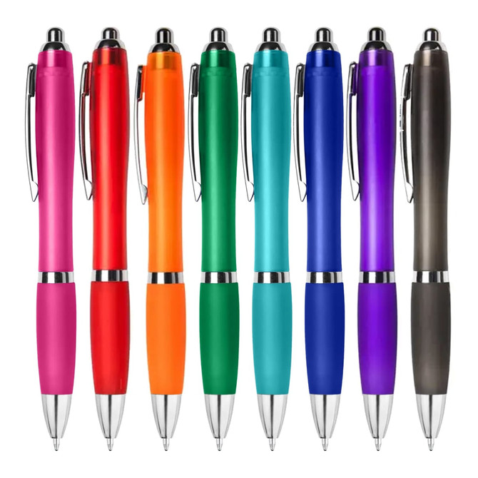 A collection of eight plastic pens in pink, red, orange, green, blue, purple, and black, each with a silver accent and branding.