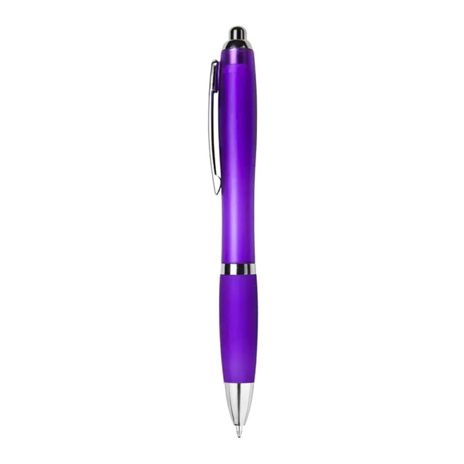 A plastic pen in a vibrant purple colour with chrome accents and a clip. It features a sleek design.