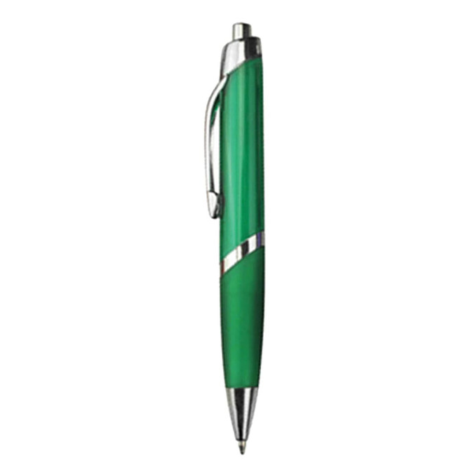 A green plastic pen with a chrome clip and silver accents, featuring a logo on its body.