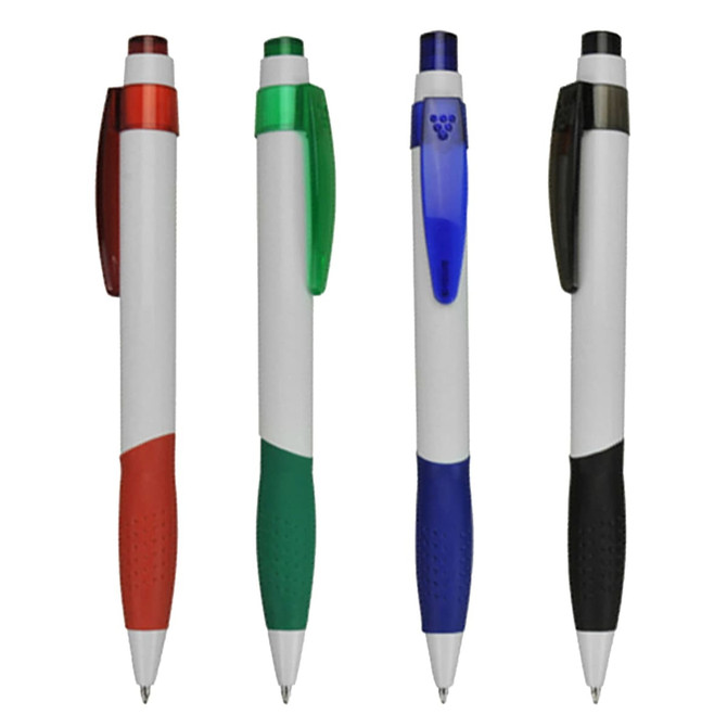 Four plastic pens in red, green, blue, and black, each featuring a white body and a textured grip. Each pen has a logo.