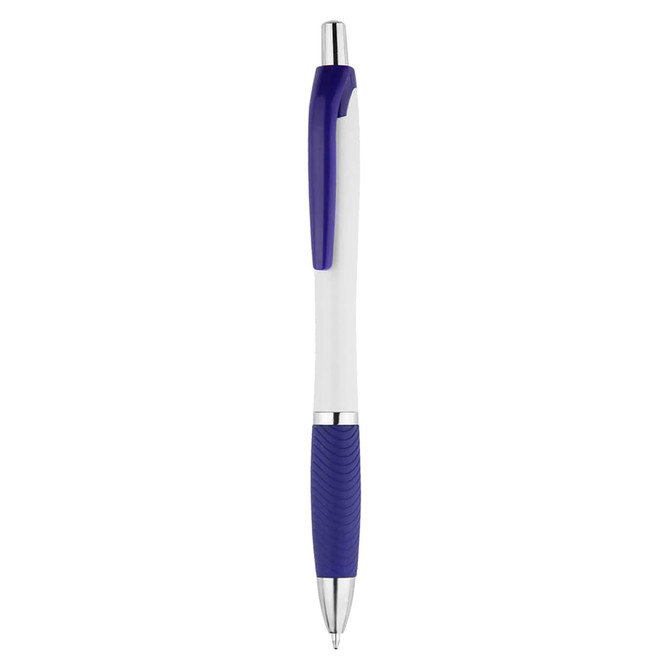 A plastic pen featuring a white body and purple accents, with a textured grip for easy handling. It has a logo.