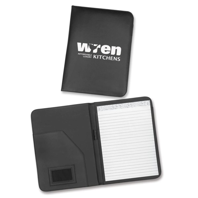 A black portfolio featuring a logo, with an interior pocket and a lined notepad.