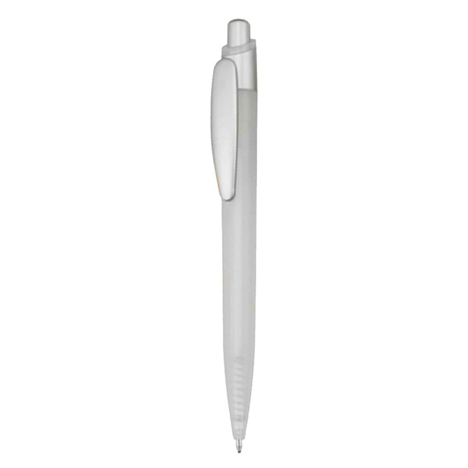 A transparent plastic pen with a white clip and grip, featuring a simple design and a branding logo.