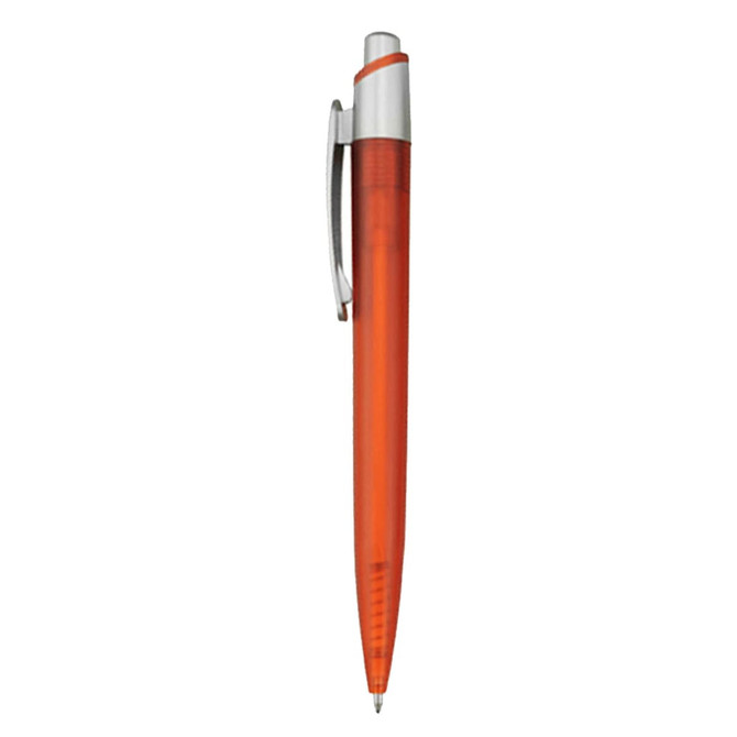 An orange plastic pen with a silver clip and a transparent body. It features a logo on the barrel.
