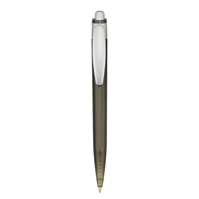 A plastic pen in a sleek grey design, featuring a clip and a smooth writing tip. It includes a logo on the barrel.