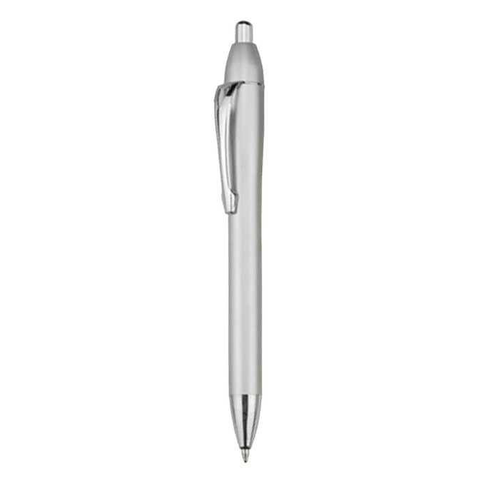 A silver plastic pen with a clip and a retractable mechanism, featuring a logo.