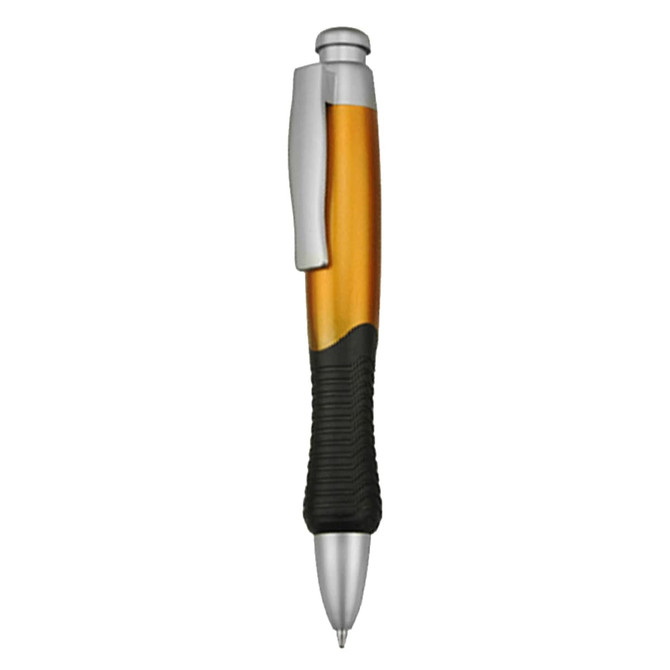 A plastic pen in gold and black with a silver clip and a textured grip. The pen features a logo on its body.