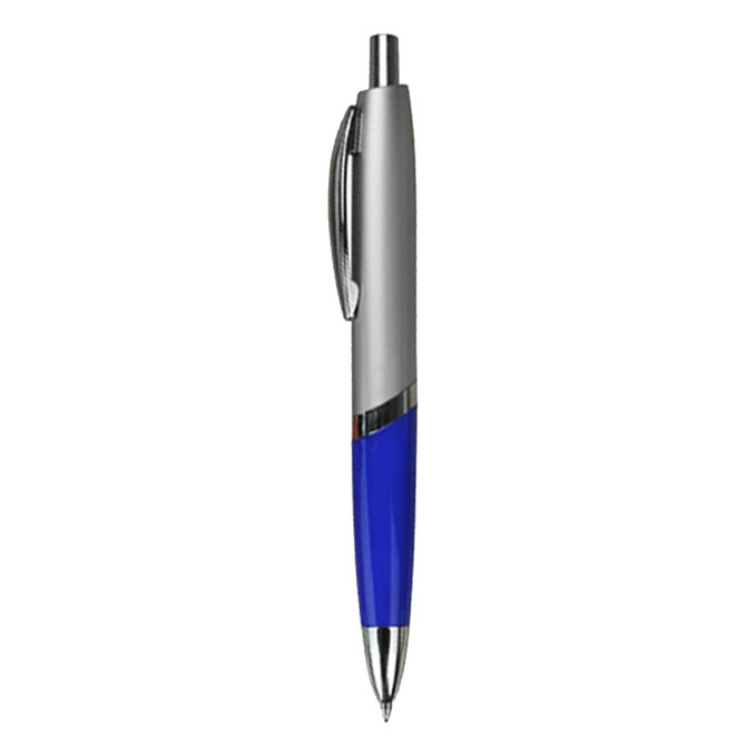 A plastic pen with a silver and blue design, featuring a clip for easy attachment and a logo.