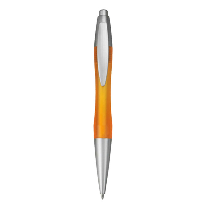 An orange plastic pen with silver accents and a transparent barrel, featuring a logo on the side.
